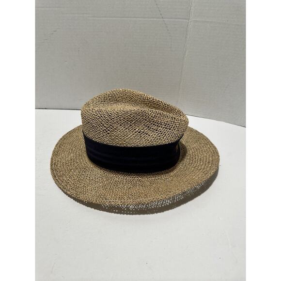 Straw Safari Wicker Hat Panama Unisex With Band Navy Written - Picture 3 of 7